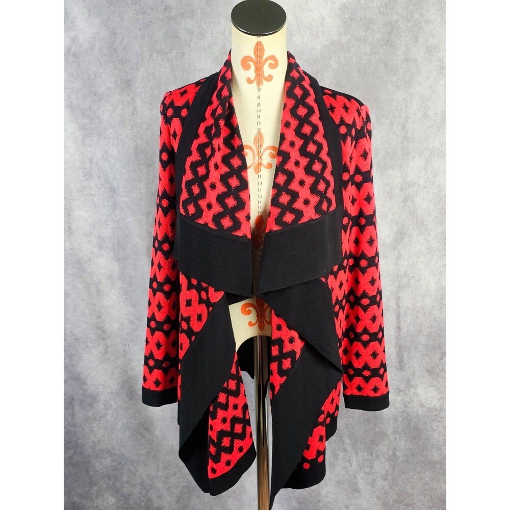 Misook Knit Open Cardigan Aztec Pattern Cascade Collar Red Black Womens XS EUC